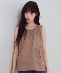 Shirring Neck Pocket Sleeveless, Brown