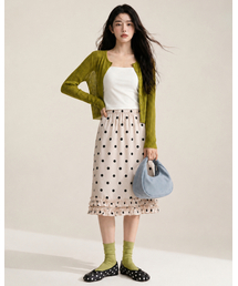 Polka Dot Satin Ruffle Elastic Waist Skirt Ivory