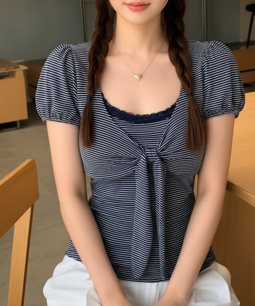 VIVID LADY(ビビッドレディー)の「ボーダー リボン パフトップス(Tシャツ/カットソー・レディース・チャコールグレー/ネイビー/グレー/アイボリー・FREE)」の2枚目の写真