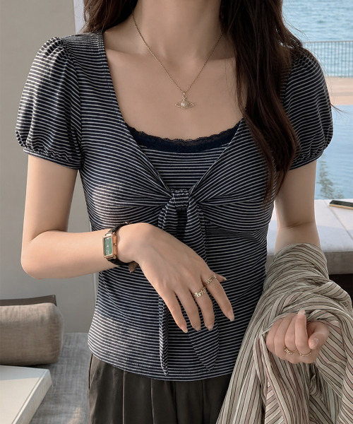 VIVID LADY(ビビッドレディー)の「ボーダー リボン パフトップス(Tシャツ/カットソー・レディース・チャコールグレー/ネイビー/グレー/アイボリー・FREE)」の1枚目の写真