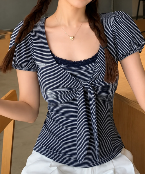 VIVID LADY(ビビッドレディー)の「ボーダー リボン パフトップス(Tシャツ/カットソー・レディース・チャコールグレー/ネイビー/グレー/アイボリー・FREE)」の14枚目の写真