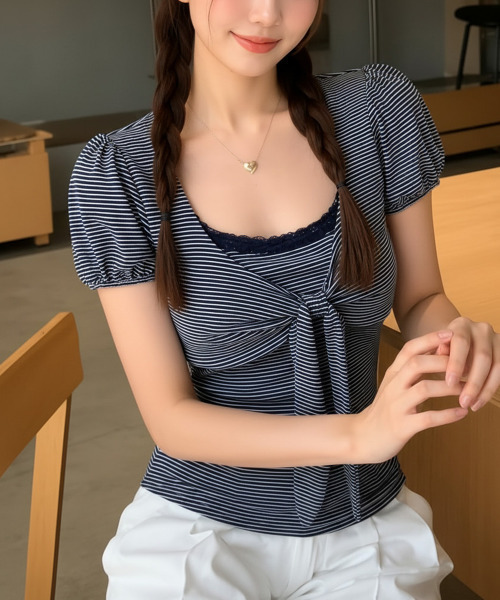 VIVID LADY(ビビッドレディー)の「ボーダー リボン パフトップス(Tシャツ/カットソー・レディース・チャコールグレー/ネイビー/グレー/アイボリー・FREE)」の15枚目の写真