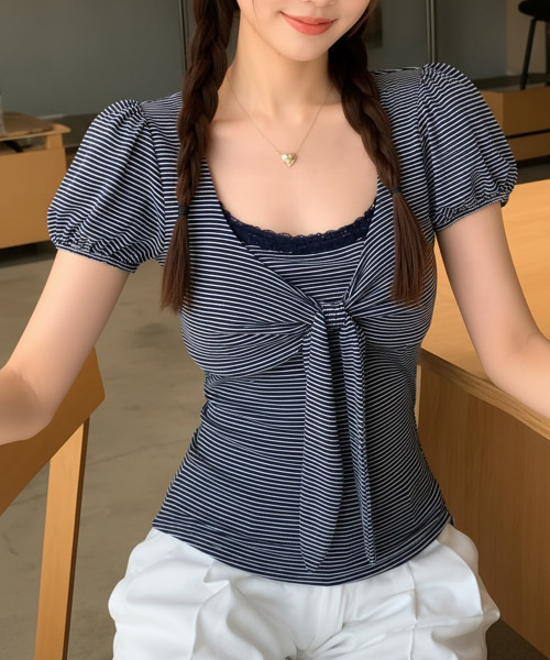 VIVID LADY(ビビッドレディー)の「ボーダー リボン パフトップス(Tシャツ/カットソー・レディース・チャコールグレー/ネイビー/グレー/アイボリー・FREE)」の16枚目の写真
