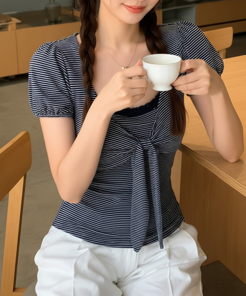 VIVID LADY(ビビッドレディー)の「ボーダー リボン パフトップス(Tシャツ/カットソー・レディース・チャコールグレー/ネイビー/グレー/アイボリー・FREE)」の17枚目の写真