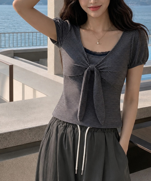 VIVID LADY(ビビッドレディー)の「ボーダー リボン パフトップス(Tシャツ/カットソー・レディース・チャコールグレー/ネイビー/グレー/アイボリー・FREE)」の20枚目の写真
