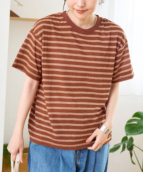 coen(コーエン)の「シアーマルチボーダーTシャツ(Tシャツ/カットソー・レディース・ワインレッド/ブラウン/ネイビー・M/L)」の1枚目の写真