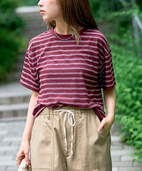 coen(コーエン)の「シアーマルチボーダーTシャツ(Tシャツ/カットソー・レディース・ワインレッド/ブラウン/ネイビー・M/L)」の3枚目の写真