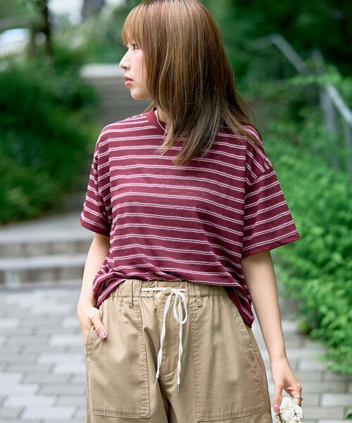 coen(コーエン)の「シアーマルチボーダーTシャツ(Tシャツ/カットソー・レディース・ワインレッド/ブラウン/ネイビー・M/L)」の14枚目の写真