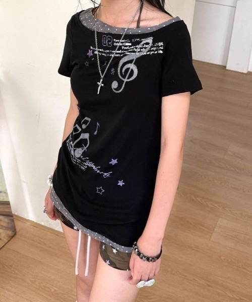 SHEPP(シープ)の「音符グラフィック×レイヤード風 アシンメトリーTシャツ(Tシャツ/カットソー・レディース・ブラック・F)」の5枚目の写真