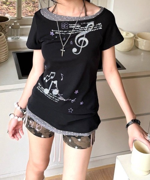 SHEPP(シープ)の「音符グラフィック×レイヤード風 アシンメトリーTシャツ(Tシャツ/カットソー・レディース・ブラック・F)」の3枚目の写真