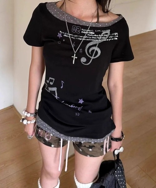 SHEPP(シープ)の「音符グラフィック×レイヤード風 アシンメトリーTシャツ(Tシャツ/カットソー・レディース・ブラック・F)」の7枚目の写真