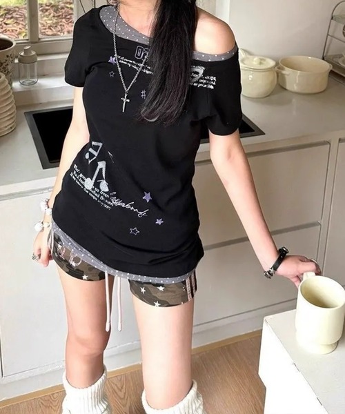 SHEPP(シープ)の「音符グラフィック×レイヤード風 アシンメトリーTシャツ(Tシャツ/カットソー・レディース・ブラック・F)」の8枚目の写真
