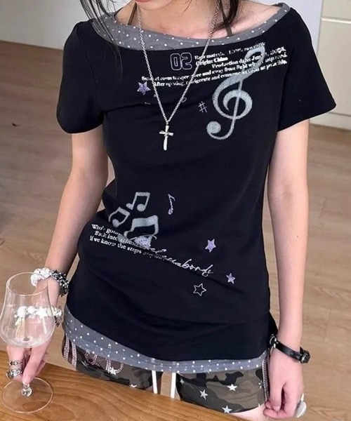 SHEPP(シープ)の「音符グラフィック×レイヤード風 アシンメトリーTシャツ(Tシャツ/カットソー・レディース・ブラック・F)」の9枚目の写真