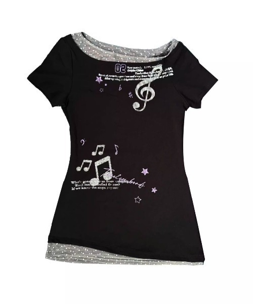 SHEPP(シープ)の「音符グラフィック×レイヤード風 アシンメトリーTシャツ(Tシャツ/カットソー・レディース・ブラック・F)」の13枚目の写真