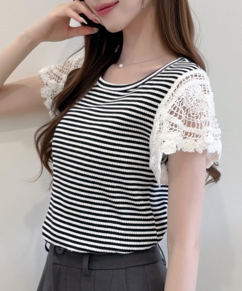 Ada.(エイダ)の「かぎ針編み風 レース 袖 リブ ボーダー カットソー(Tシャツ/カットソー・レディース・レッド/グレー/ブラック・FREE)」の19枚目の写真