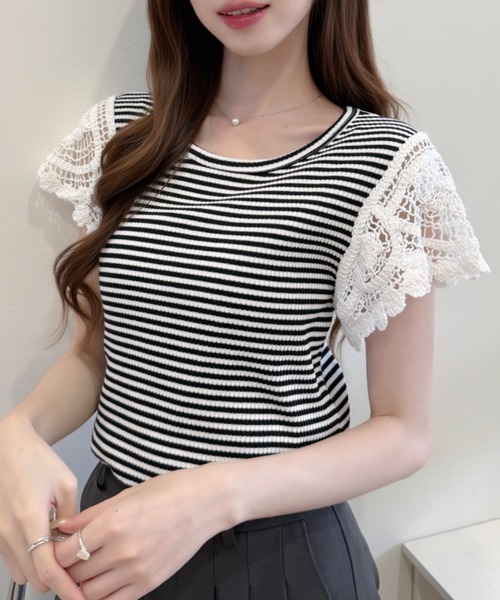 Ada.(エイダ)の「かぎ針編み風 レース 袖 リブ ボーダー カットソー(Tシャツ/カットソー・レディース・レッド/グレー/ブラック・FREE)」の18枚目の写真