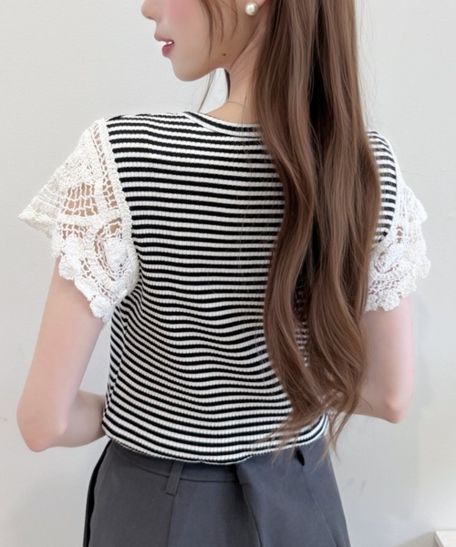 Ada.(エイダ)の「かぎ針編み風 レース 袖 リブ ボーダー カットソー(Tシャツ/カットソー・レディース・レッド/グレー/ブラック・FREE)」の17枚目の写真
