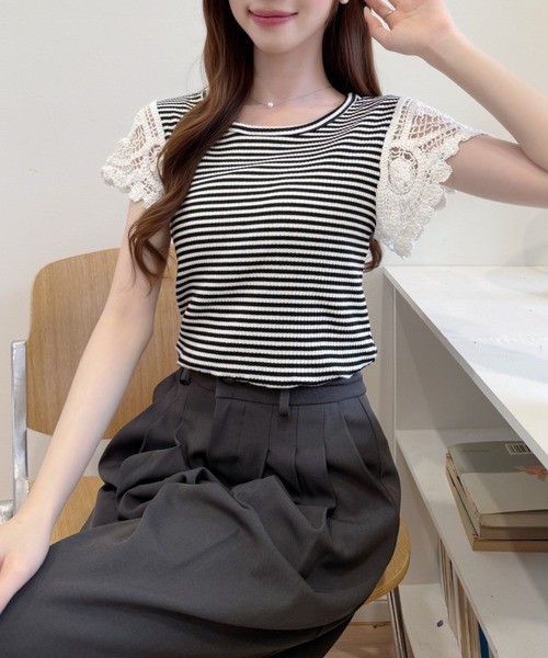 Ada.(エイダ)の「かぎ針編み風 レース 袖 リブ ボーダー カットソー(Tシャツ/カットソー・レディース・レッド/グレー/ブラック・FREE)」の20枚目の写真