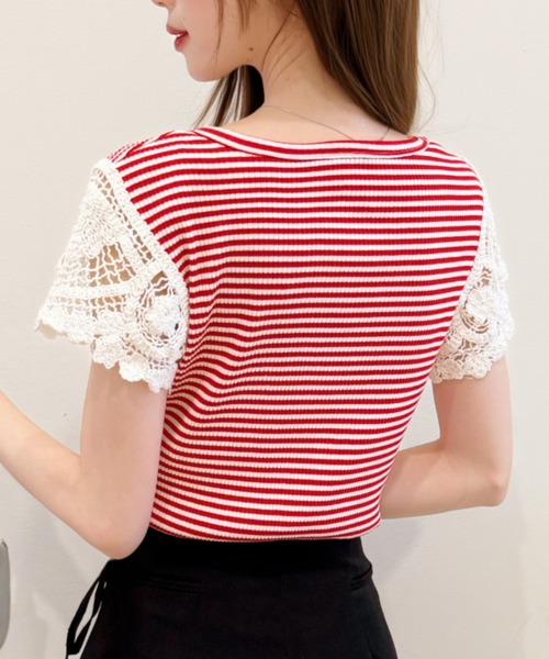 Ada.(エイダ)の「かぎ針編み風 レース 袖 リブ ボーダー カットソー(Tシャツ/カットソー・レディース・レッド/グレー/ブラック・FREE)」の6枚目の写真