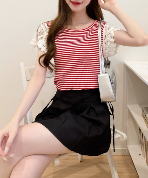 Ada.(エイダ)の「かぎ針編み風 レース 袖 リブ ボーダー カットソー(Tシャツ/カットソー・レディース・レッド/グレー/ブラック・FREE)」の7枚目の写真