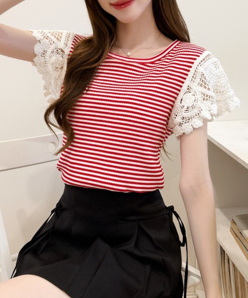 Ada.(エイダ)の「かぎ針編み風 レース 袖 リブ ボーダー カットソー(Tシャツ/カットソー・レディース・レッド/グレー/ブラック・FREE)」の5枚目の写真