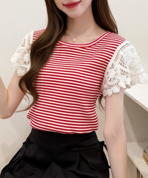 Ada.(エイダ)の「かぎ針編み風 レース 袖 リブ ボーダー カットソー(Tシャツ/カットソー・レディース・レッド/グレー/ブラック・FREE)」の8枚目の写真