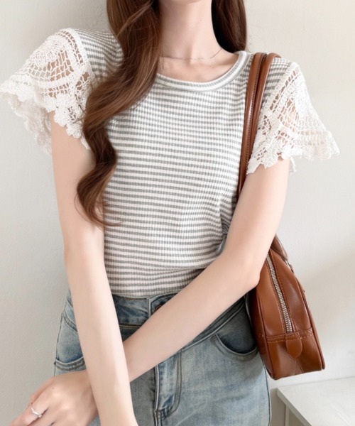 Ada.(エイダ)の「かぎ針編み風 レース 袖 リブ ボーダー カットソー(Tシャツ/カットソー・レディース・レッド/グレー/ブラック・FREE)」の15枚目の写真