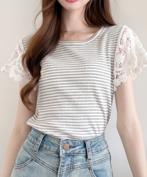 Ada.(エイダ)の「かぎ針編み風 レース 袖 リブ ボーダー カットソー(Tシャツ/カットソー・レディース・レッド/グレー/ブラック・FREE)」の13枚目の写真