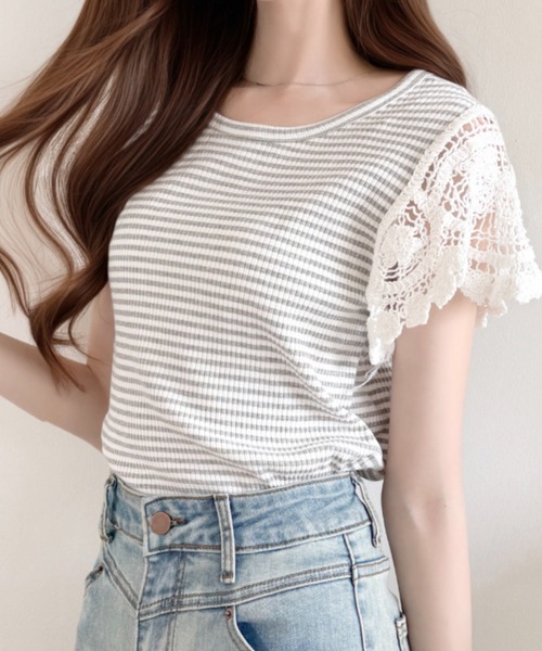 Ada.(エイダ)の「かぎ針編み風 レース 袖 リブ ボーダー カットソー(Tシャツ/カットソー・レディース・レッド/グレー/ブラック・FREE)」の12枚目の写真