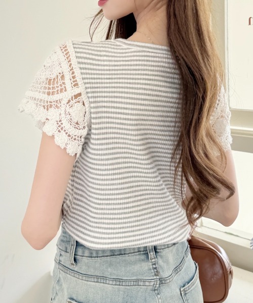 Ada.(エイダ)の「かぎ針編み風 レース 袖 リブ ボーダー カットソー(Tシャツ/カットソー・レディース・レッド/グレー/ブラック・FREE)」の10枚目の写真