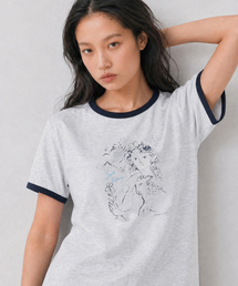 花と少女リンガーTシャツ [ホワイトメランジ+ネイビー]