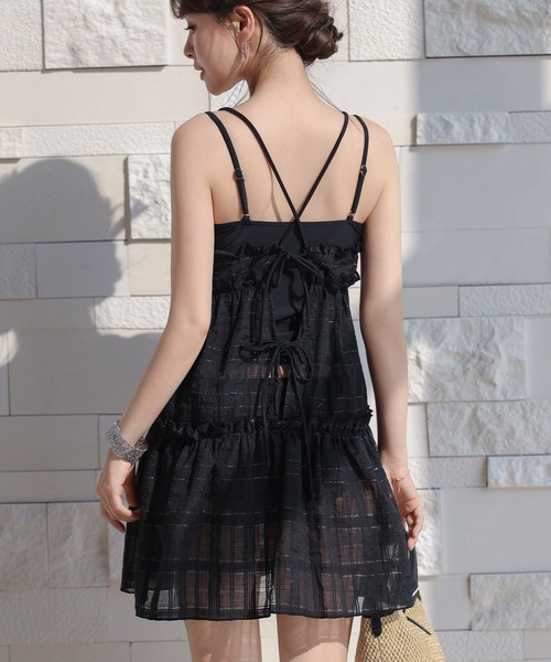 TeddyShop(テディショップ)の「【大きいサイズ有】透け感レイヤード。バッククロスリボンティアードキャミワンピース+キャミソールビキニ 上下3点セット レディース水着(水着・レディース・ブラック/ライトブラウン/ダークネイビー/ホワイト・S/L/M/LL)」の1枚目の写真