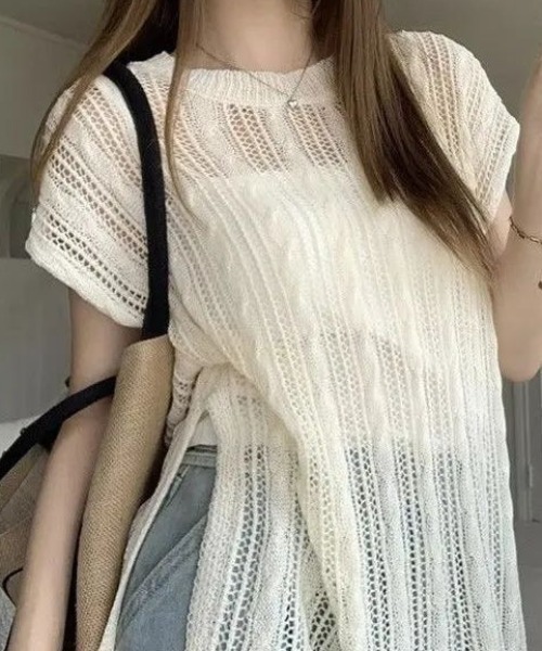 LUCPY(ラクピー)の「透かし編みシアーニットトップス(その他トップス・レディース・ホワイト・X-LARGE/LARGE/MEDIUM/SMALL)」の1枚目の写真
