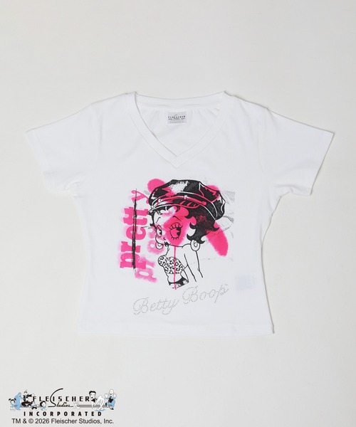 BETTY BOOP(ベティ・ブープ)の「≪Betty Boop(TM)/ベティー ブープ(TM)≫VネックTシャツ(Tシャツ/カットソー・レディース・オフホワイト/ブラック・ONESIZE)」の2枚目の写真