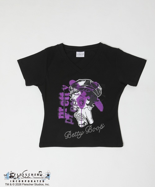 BETTY BOOP(ベティ・ブープ)の「≪Betty Boop(TM)/ベティー ブープ(TM)≫VネックTシャツ(Tシャツ/カットソー・レディース・オフホワイト/ブラック・ONESIZE)」の6枚目の写真
