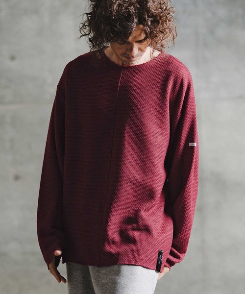 GLIMCLAP(グリムクラップ)の「mlt5757-Textured Waffle Oversized Long Sleeve Tee ロングスリーブTシャツ(211-014-gla-cg)(Tシャツ/カットソー・メンズ・ワイン/オフホワイト/チャコール/ブラック・L/M/S)」の1枚目の写真