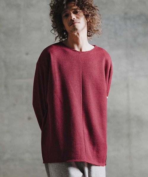 GLIMCLAP(グリムクラップ)の「mlt5757-Textured Waffle Oversized Long Sleeve Tee ロングスリーブTシャツ(211-014-gla-cg)(Tシャツ/カットソー・メンズ・ワイン/オフホワイト/チャコール/ブラック・L/M/S)」の9枚目の写真