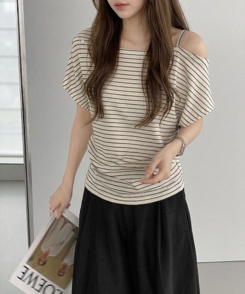 LADY LIKE（レディライク）の「ボタンデザインボーダー柄肩出しトップス（Tシャツ/カットソー・レディース・グレー/ブラック/ネイビー/ホワイト・M）」の11枚目の写真
