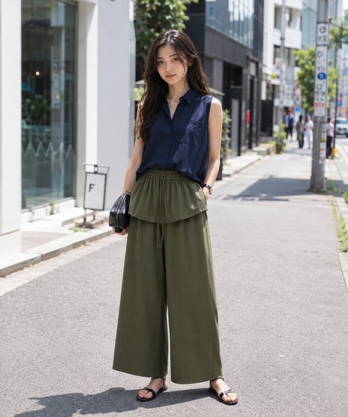 KONVINI(コンビニ)の「【KONVINI select】フリルウエスト ワイドパンツ レディース イージーパンツ バルーンパンツ リラックス 韓国ファッション(その他パンツ・レディース・ブラック/ベージュ/ホワイト/カーキ・FREE)」の4枚目の写真