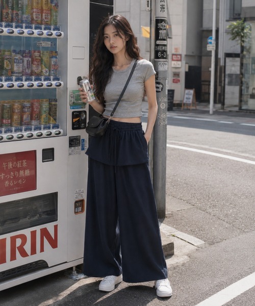 KONVINI(コンビニ)の「【KONVINI select】フリルウエスト ワイドパンツ レディース イージーパンツ バルーンパンツ リラックス 韓国ファッション(その他パンツ・レディース・ブラック/ベージュ/ホワイト/カーキ・FREE)」の2枚目の写真