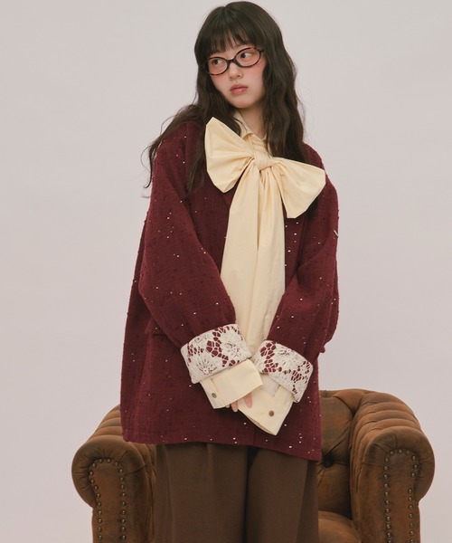 loin nuit(ロワンニュイ)の「nuance button lace jacket / ニュアンスボタンレースジャケット(テーラードジャケット・レディース・ボルドー/キャメル/ブルーグレー/ピンク/グレー/ライトグレー・FREE)」の18枚目の写真