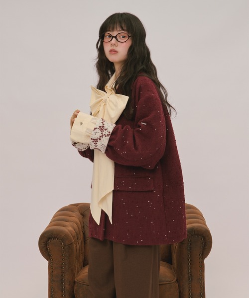 loin nuit(ロワンニュイ)の「nuance button lace jacket / ニュアンスボタンレースジャケット(テーラードジャケット・レディース・ボルドー/キャメル/ブルーグレー/ピンク/グレー/ライトグレー・FREE)」の22枚目の写真