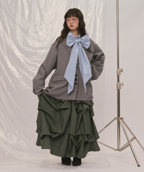 loin nuit(ロワンニュイ)の「nuance button lace jacket / ニュアンスボタンレースジャケット(テーラードジャケット・レディース・ボルドー/キャメル/ブルーグレー/ピンク/グレー/ライトグレー・FREE)」の9枚目の写真