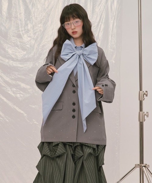 loin nuit(ロワンニュイ)の「nuance button lace jacket / ニュアンスボタンレースジャケット(テーラードジャケット・レディース・ボルドー/キャメル/ブルーグレー/ピンク/グレー/ライトグレー・FREE)」の12枚目の写真