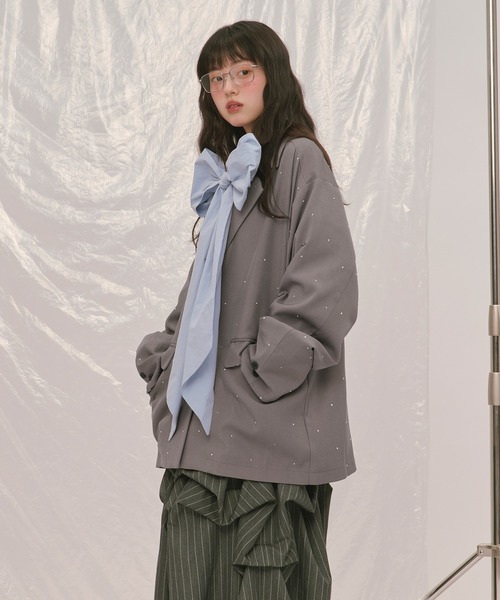 loin nuit(ロワンニュイ)の「nuance button lace jacket / ニュアンスボタンレースジャケット(テーラードジャケット・レディース・ボルドー/キャメル/ブルーグレー/ピンク/グレー/ライトグレー・FREE)」の15枚目の写真