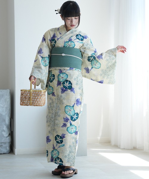浴衣3点セット 綿麻 先染めベージュ 水色の朝顔（浴衣）｜utatane