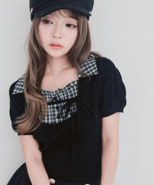 OLIVE des OLIVE(オリーブデオリーブ)の「シャツレイヤードケーブルトップス(ニット/セーター・レディース・ブラック/ブラウン/ピンク/ベージュ系その他・FREE)」の1枚目の写真