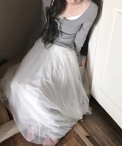 lulufa(ルルファ)の「配色レースリボンスクエアネックトップス(Tシャツ/カットソー・レディース・グレー/ブラック/ピンク・FREE)」の17枚目の写真