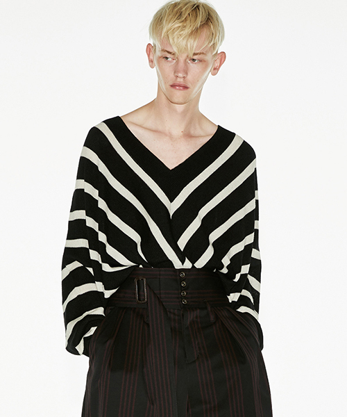SHAREEF（シャリーフ）の「BIAS STRIPE DOLMAN P/O（ニット/セーター・メンズ・ピンク系その他/ホワイト/イエロー・1/2）」の2枚目の写真