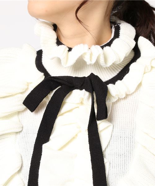 PUNYUS（プニュズ）の「リボン付きフリルニットワンピース（ワンピース・レディース・ブラック/レッド/イエロー・1/2/4/3）」の9枚目の写真